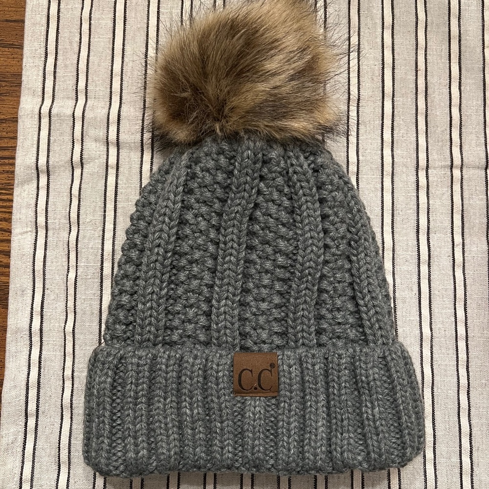 Grey CC Cable Knit Beanie
